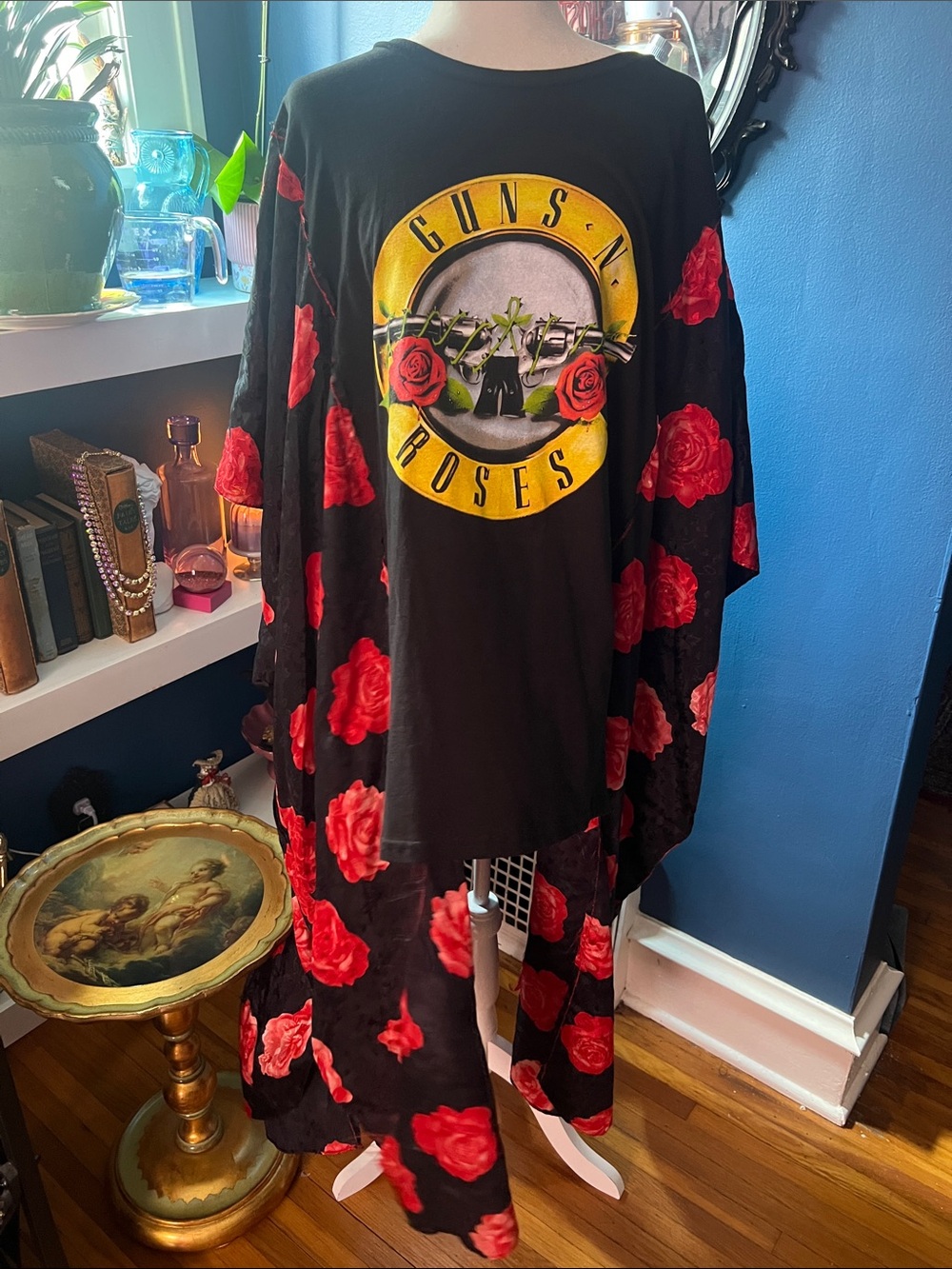 Custom Guns N' Roses Black Graphic with Red Rose Kimono Sleeve Mini Dress